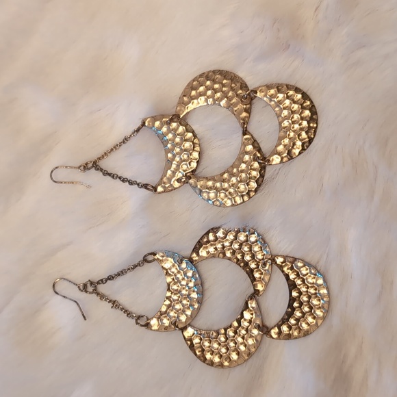Vintage 80s Gold Toned Glam Statement Drop Dangle Earrings Textured Pattern - Picture 5 of 10